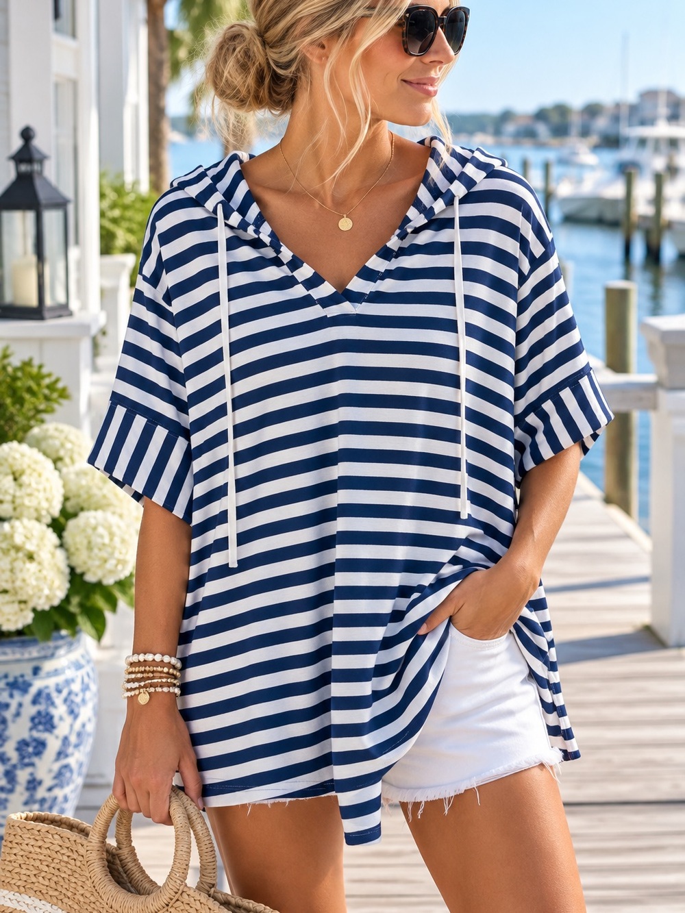 Jane + Delancey 1X Navy White Striped Hooded Tunic Top Nautical Coastal Preppy